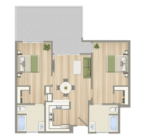 Floor plan for 2 beds, 1 bath, 853 sqft